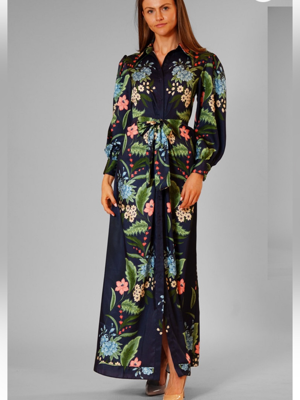 julia jordan Navy Floral Maxi Shirt Dress with Tie